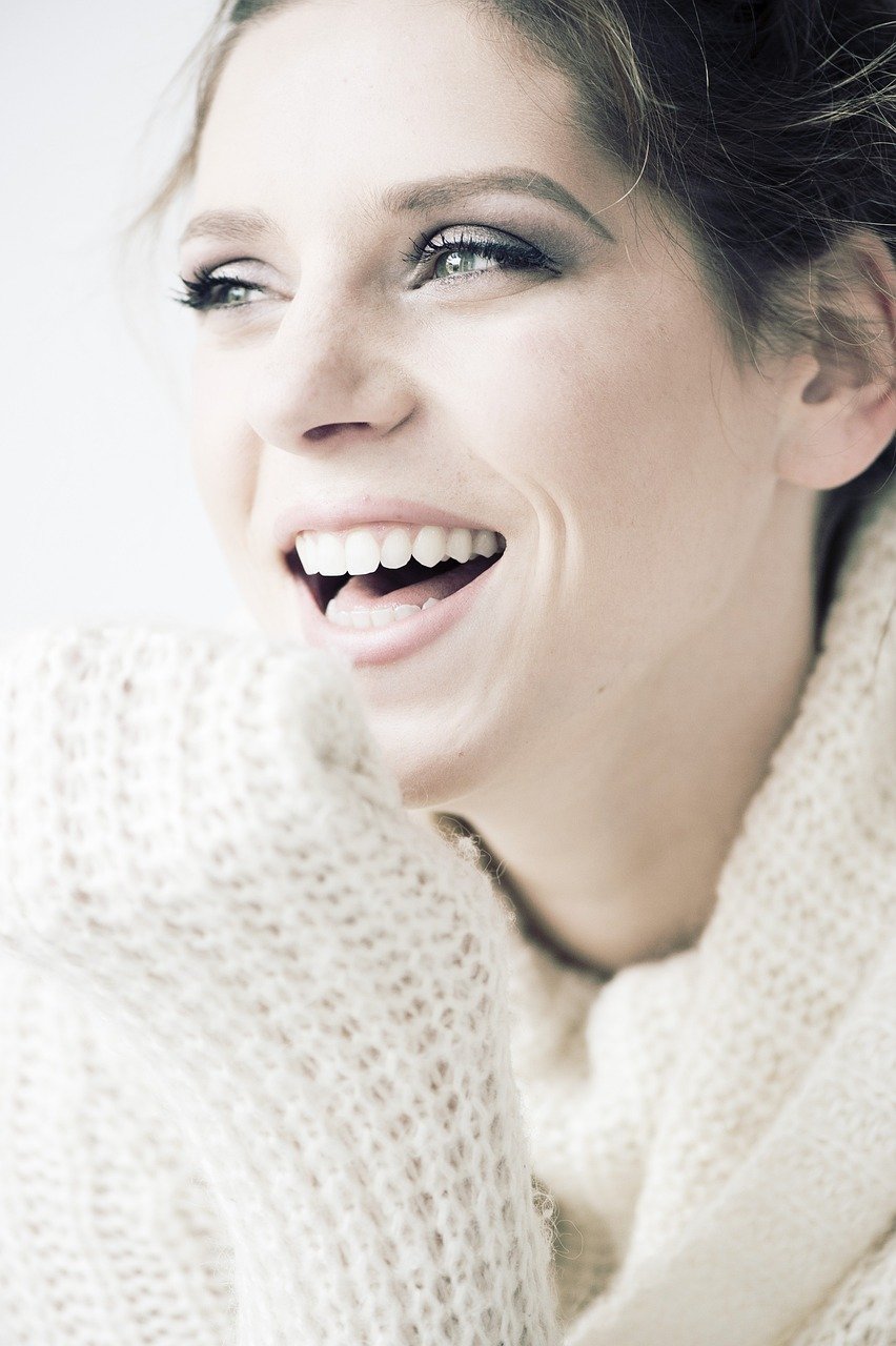 woman, portrait, face, knitted, knitwear, fashion, style, makeup, cosmetics, smile, smiling, happy, young woman, young, female, model, laugh, laughing, smile, smile, smile, smile, smile